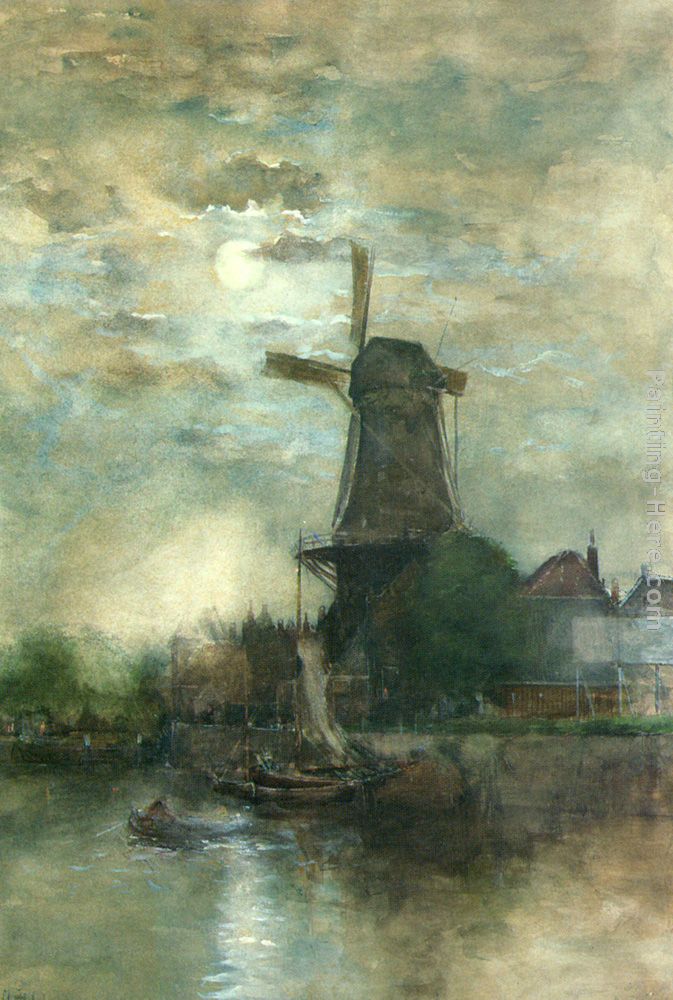 A Moonlit Windmill painting - Fredericus Jacobus Van Rossum Chattel A Moonlit Windmill art painting